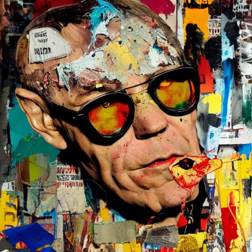 Image similar to hyperrealistic, photorealistic, mixed media oil painting of hunter s thompson, magazine scraps, plaster, blood, oil, mustard, splatter, greg rutkowski, basquiat, ralph steadman, wesley kimler, terry gilliam, andy warhol, dali