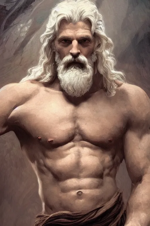 Prompt: painted portrait of rugged zeus, god of thunder, greek god, clean lines, white hair, masculine, mature, handsome, upper body, muscular, hairy torso, fantasy, intricate, elegant, highly detailed, digital painting, artstation, concept art, smooth, sharp focus, illustration, art by gaston bussiere and alphonse mucha