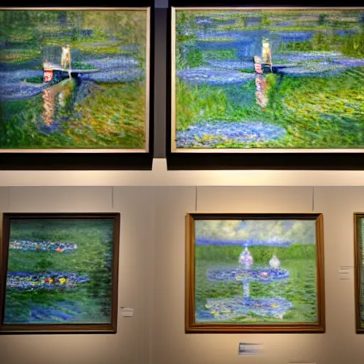 Prompt: An art gallery displaying Monet paintings. The art gallery is flooded. Robots are going around the art gallery using paddle boards