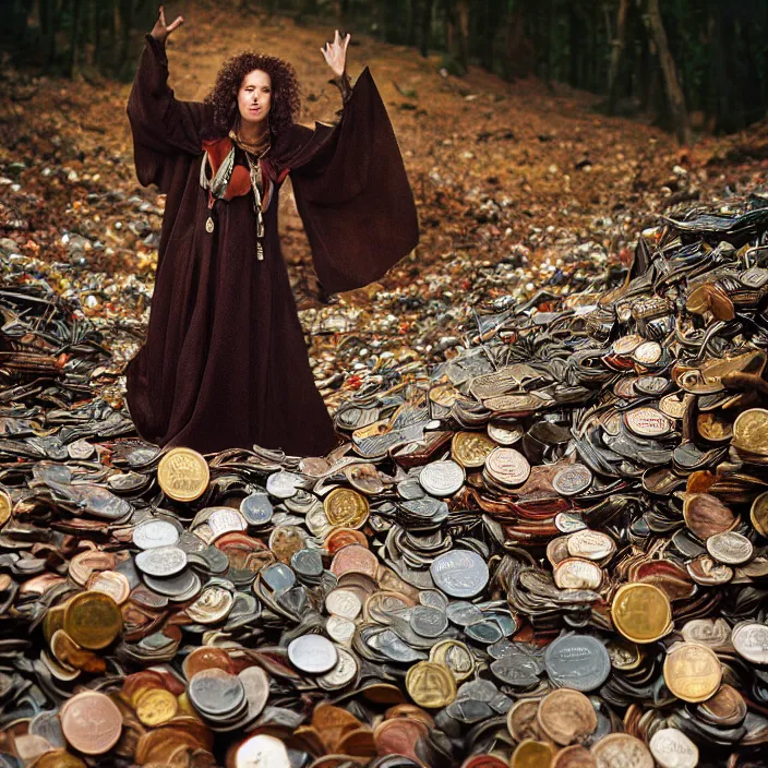 Prompt: closeup portrait of a woman wearing a cloak made of coins, standing in a heap of garbage, forest, by Annie Leibovitz and Steve McCurry, natural light, detailed face, CANON Eos C300, ƒ1.8, 35mm, 8K, medium-format print