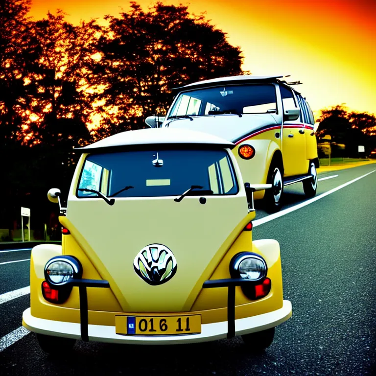 Prompt: close-up-photo VW beech buggy middle of street, sunset kanagawa prefecture, night, cinematic color, photorealistic, highly detailed,