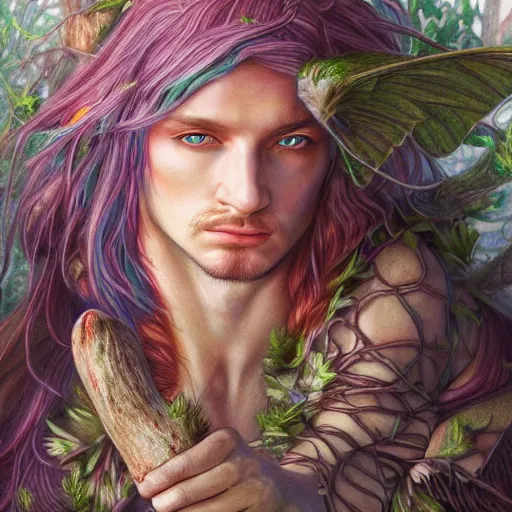 Image similar to hyper realistic color pencil drawing of a male fairy druid, D&D Art, detailed, rim light, diffused, intricate, axe, by anna dittmann