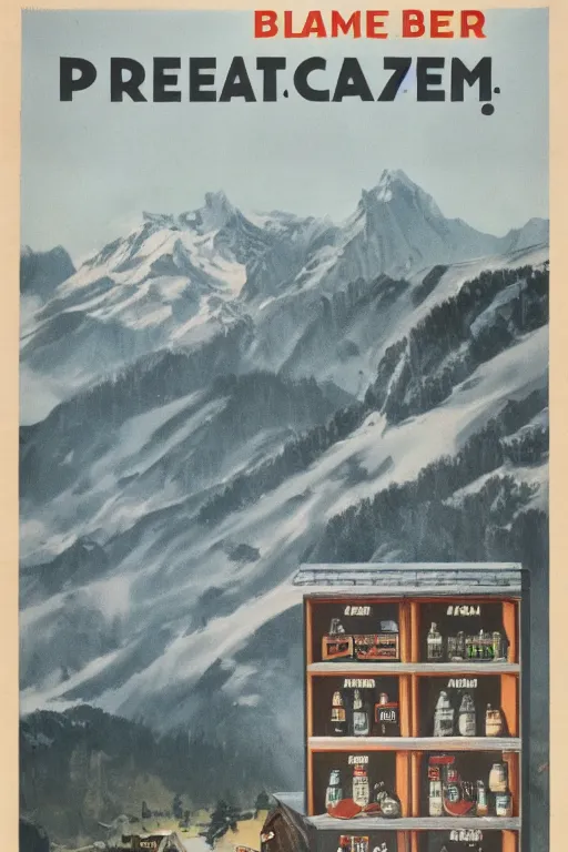 Image similar to 1 9 4 0 s german advertisement of beer, the alps are in the background, unreal engine, global illumination, radiant light, detailed and intricate environment