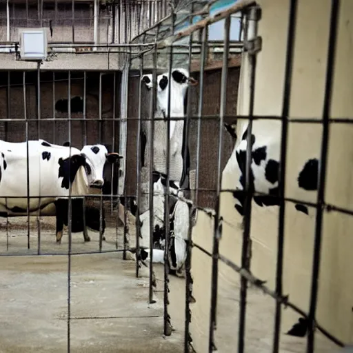 Prompt: a prison filled with cows