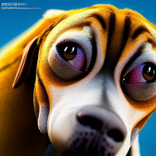 Image similar to perfect mix between a dog and a bee. hyper realistic and highly detailed chimera photography. 8 k rendering, surrealism, concept art, unreal engine 5, trending on artstation.