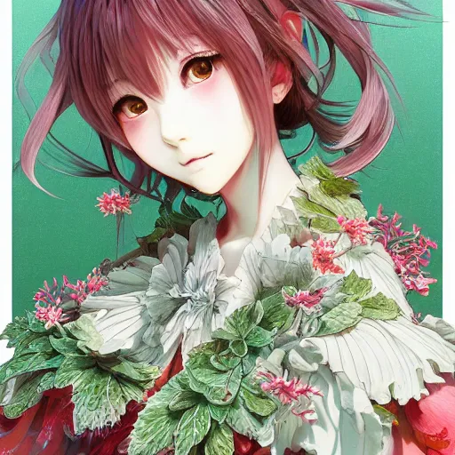 Image similar to the portrait of an absurdly beautiful, graceful, elegant, young japanese anime girl made of strawberries and green petals, an ultrafine hyperdetailed illustration by kim jung gi, irakli nadar, intricate linework, bright colors, octopath traveler, final fantasy, angular, unreal engine 5 highly rendered, global illumination, radiant light, detailed and intricate environment