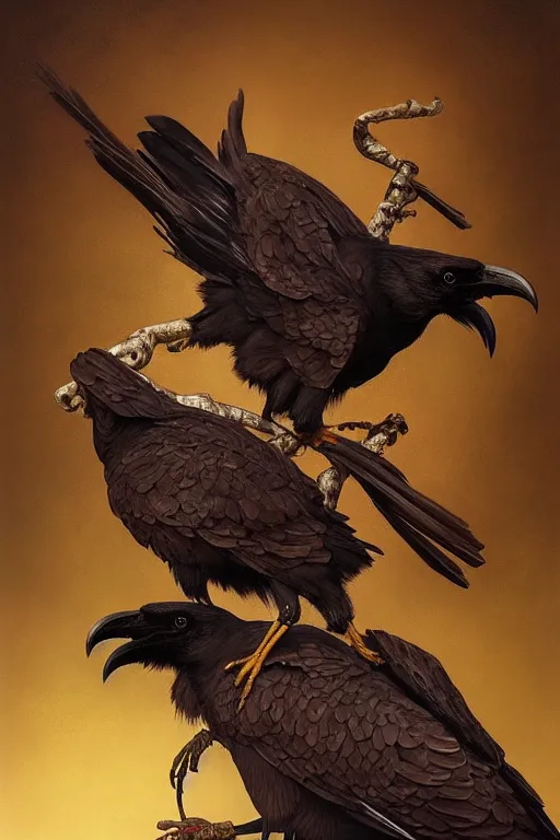 Prompt: painting of a two headed crow on a skull, decorated, intricate, elegant, highly detailed, digital painting, artstation, concept art, smooth, sharp focus, illustration, art by artgerm and greg rutkowski and alphonse mucha, 8 k