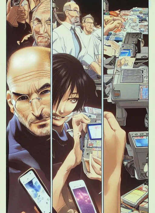 Image similar to steve jobs revealing the iphone as manga, 8 k, color, by katsuhiro otomo and hiroya oku and makoto yukimura