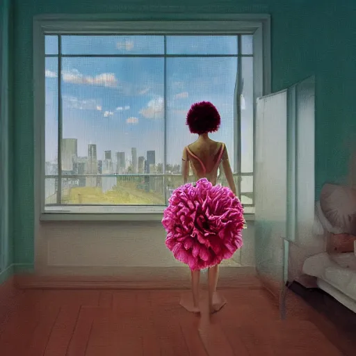 Prompt: giant carnation flower head, woman walking next to modern window in luxury apartment, surreal photography, sunlight, impressionist painting, digital painting, artstation, simon stalenhag