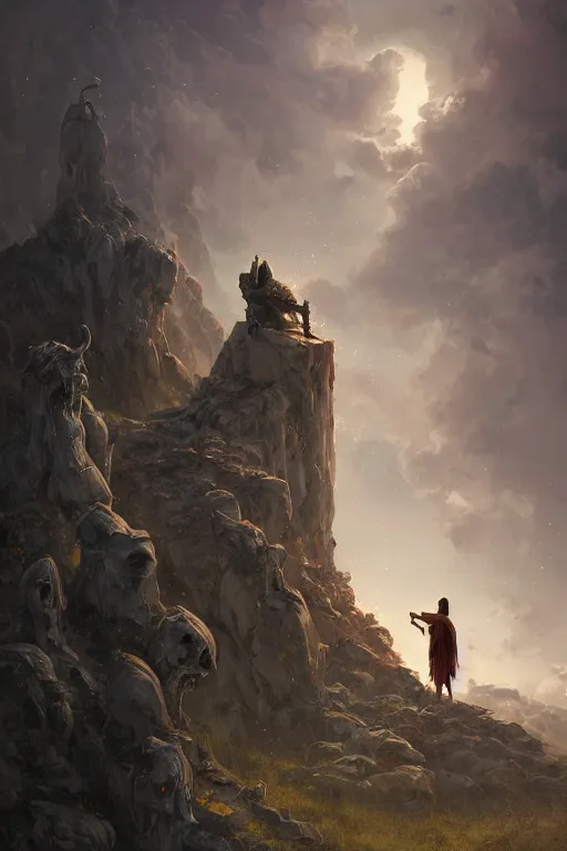 Image similar to profile view, a necromancer on a cliff with a staff casts a spell that reveals the secret of life the universe and everything, dirty linen robes, staff of bones, grizzled bearded withered man by jessica rossier and hr giger