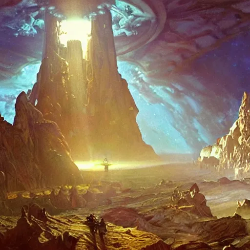 Prompt: scene from prometheus movie, artlilery spaceship lands in an alien landscape, filigree ornaments, volumetric lights, alphonso mucha