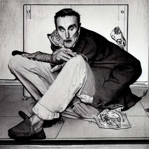 Image similar to dennis hopper crawling around on the floor of a dingy apartment, norman rockwell
