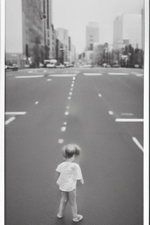 Image similar to photo polaroid of sad and lonely child in the middle of an empty street in a big city, photorealistic, 35mm film, black and white, polaroid,