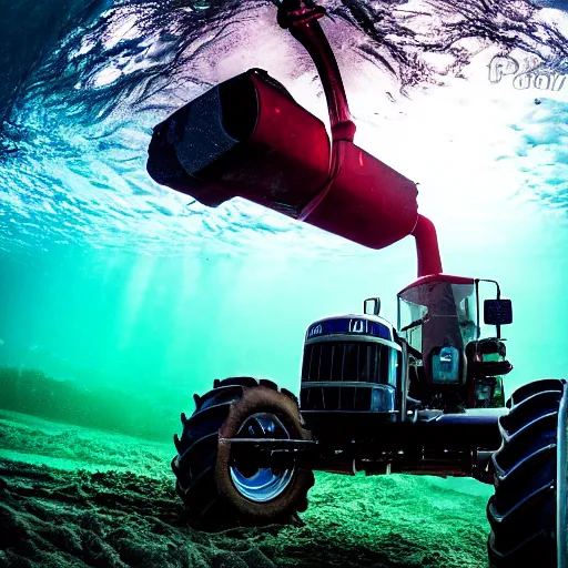 Prompt: wide angle ultrawide shot backlit tractor ploughing the seabed underwater photo on gopro, moody colours