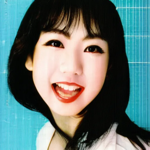 Image similar to 1 9 8 0 s record - album art of a young cute female japanese pop - idol who has yaeba teeth. high - quality high - resolution scanned image.