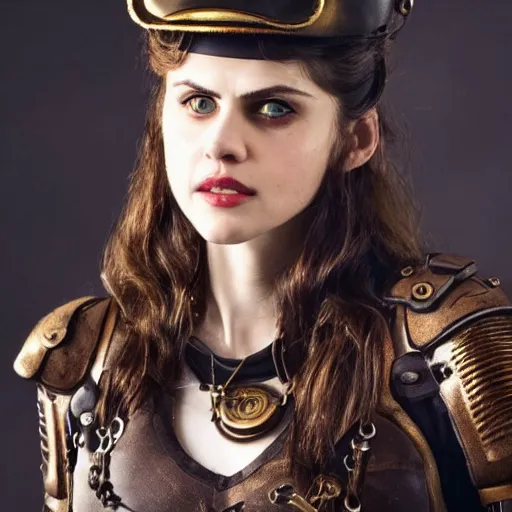 Prompt: full shot photo of alexandra daddario as a steampunk warrior