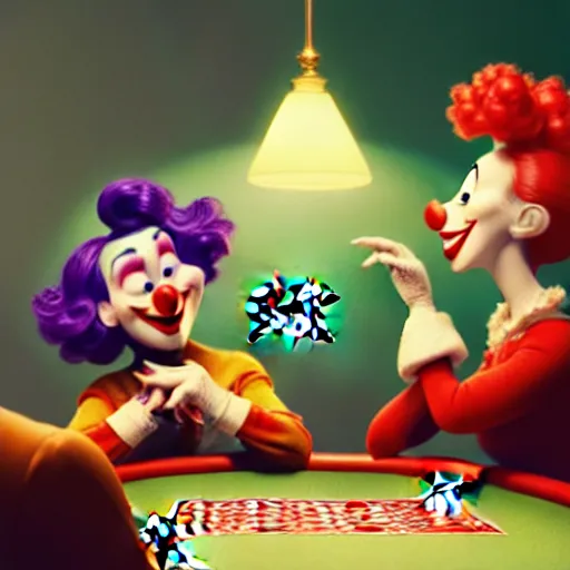 Prompt: pixar clowns playing poker, smiling maniacally | glamorous oily soft polished rich ornate modern | weta disney pixar movie still photo | hi - fructose, sci fi fantasy, smooth, octane render, sharp focus, artstation, concept art | artgerm, mucha, rutkowski, feng zhu, wlop, loish