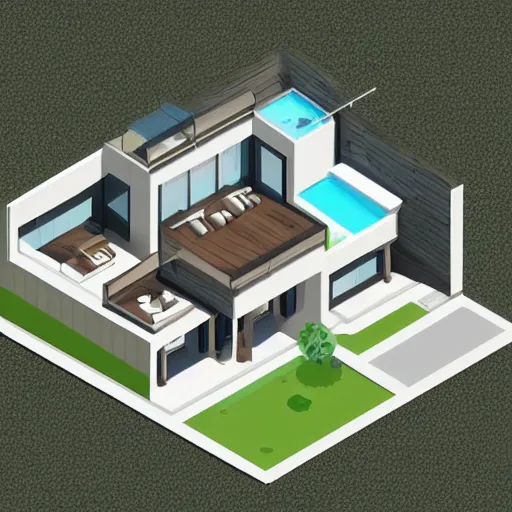 Image similar to an isometric illustration of a modern house by the beach,