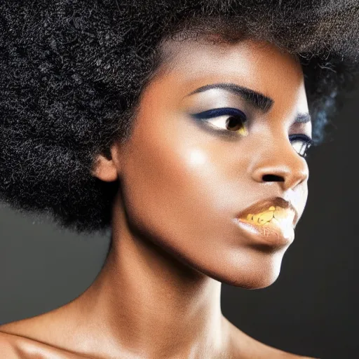 Prompt: close up of head of a black fashion model with large afro, gta style, editorial of vogue magazine, highly detailed