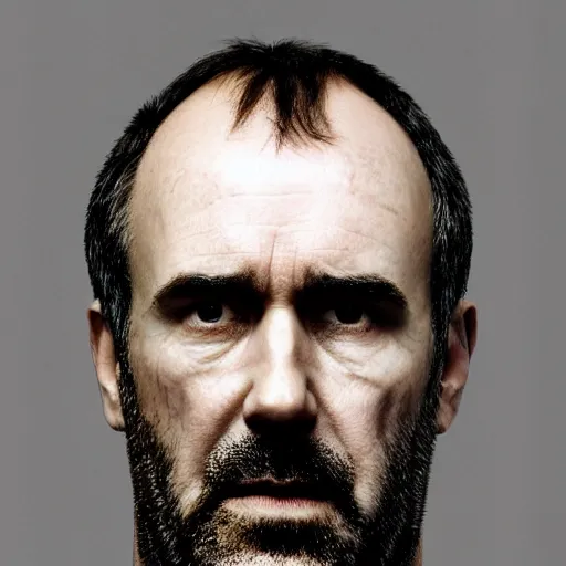 Image similar to Stannis is a large man, tall, broad-shouldered, and sinewy. He has dark blue eyes and a heavy brow. His head has only a fringe of black hair like the shadow of a crown, and he has a close-cropped beard across his large jaw. His face has a tightness to it like cured leather, and he has hollow cheeks, and thin, pale lips. He grinds his teeth regularly.