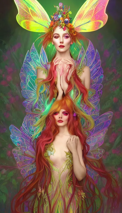 Image similar to a colorful and stunningly beautiful female faerie priestess in amanita muscaria forest landscape, symmetrical wings on back, neon hair, fantasy art, wearing a dress of gossamer gold, dark light night, sharp focus, digital painting, 4 k, concept art, art by charlie bowater and alphonse mucha, brom, face by otto schmidt