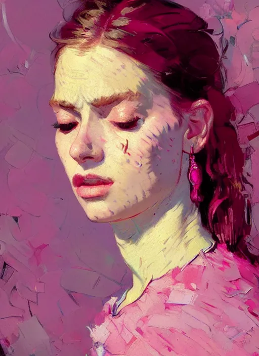 Image similar to portrait of a beautiful girl, eyes closed, open mouth, shades of pink, beautiful face, rule of thirds, intricate outfit, spotlight, by greg rutkowski, by jeremy mann, by francoise nielly, by van gogh, digital painting