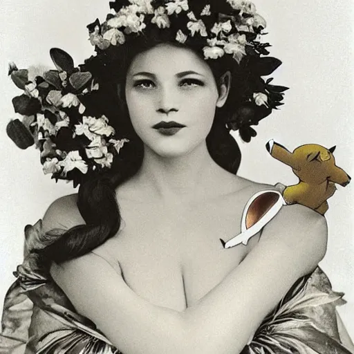 Image similar to elegant woman dressed up as pikachu, art photo by Annie Liebovitz and Alphonse Mucha