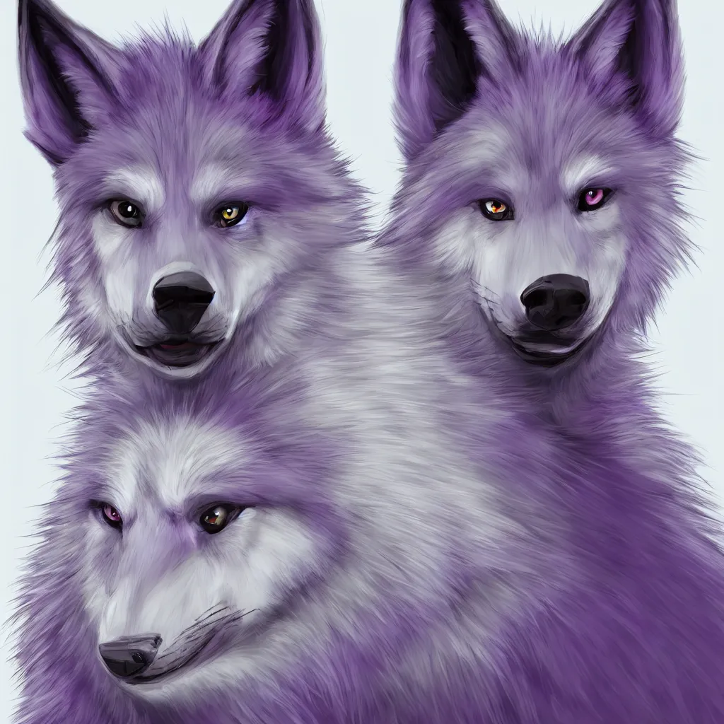 Prompt: An anthropomorphic lavender-colored wolf character with spiky white hair, furry fandom, digital painting, portrait, stylised, cute