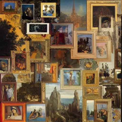 Image similar to cadavre exquis collage of the 10 most beautiful stolen paintings of all time