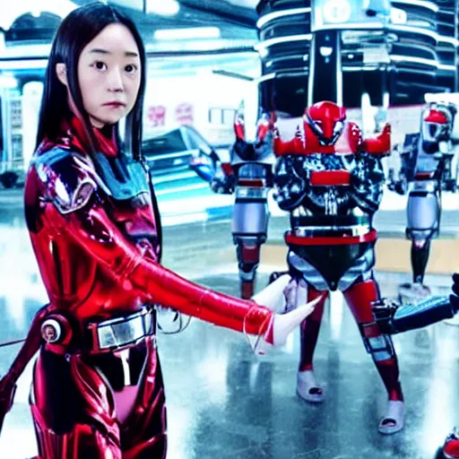 Image similar to still from a 2 0 1 9 japanese tokusatsu tv show starring actress mana ashida as a cybernetic female sentai hero fighting in sendagaya. science - fiction ; action.