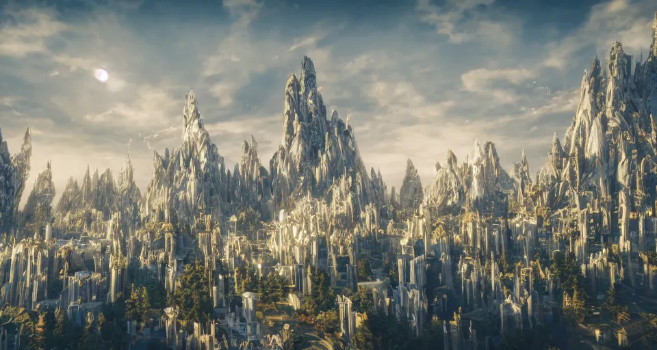 Prompt: majestic futuristic elf city made of white stone and decorated with gold, plants and trees, flying cars, angels flying around, epic buildings in the center, light clouds, cinematic sky, sunrise, 8 k, unreal engine 5, sharp