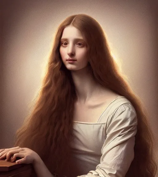 Image similar to portrait of a beautiful long - haired woman sitting upon a table with heightened detail, poised, intense emotion, detailed facial expression, detailed surroundings, intricate, elegant, highly detailed, centered, digital painting, artstation, concept art, smooth, sharp focus, illustration, by ( leonardo da vinci ), wlop