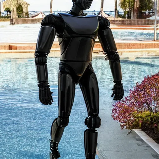 Image similar to a realistic detailed photo of a guy who is an attractive humanoid who is half robot and half humanoid, who is a male android, wrestler jack swagger, shiny skin, posing like a statue, blank stare, by the pool, on display, showing off his muscles, humanoid robot, frozen ice statue
