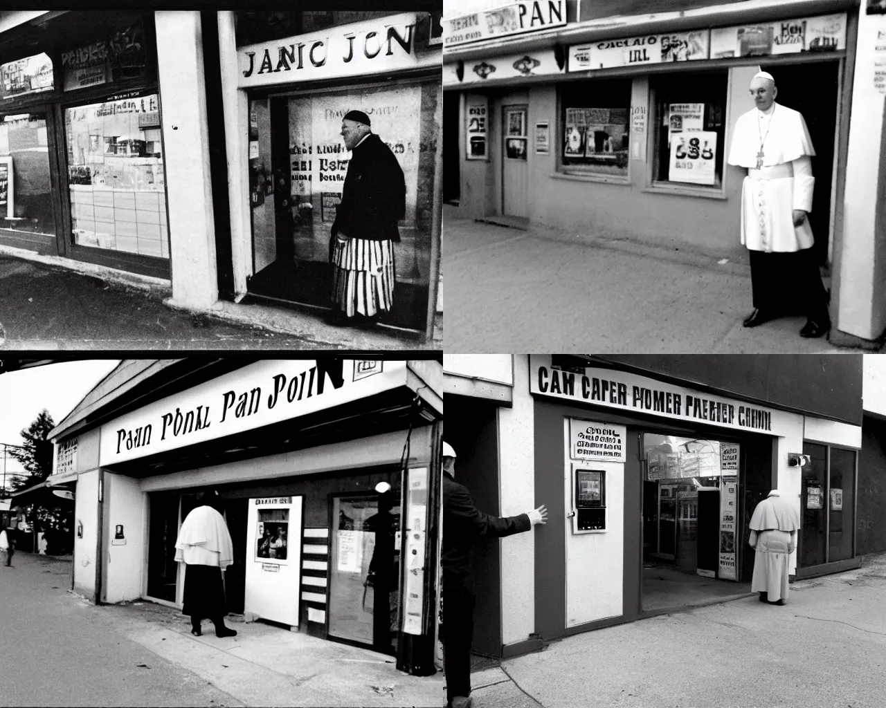 Prompt: camera footage of pope john paul outside corner store with time code, high exposure, dark, monochrome, camera, grainy, CCTV, security camera footage, timestamp, zoomed out