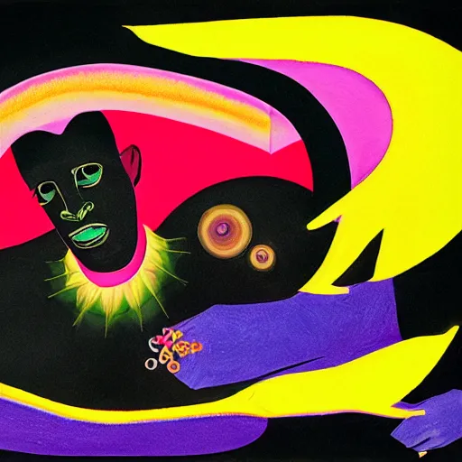 Image similar to a black man with yellow eyes and a dark rainbow background, gouache painting by francis bacon and tomokazu matsuyama, by ed paschke, by agnes pelton, by patrick nagel, behance contest winner, generative art, irridescent, holography, neon, dark art, retrowave, grain, black background