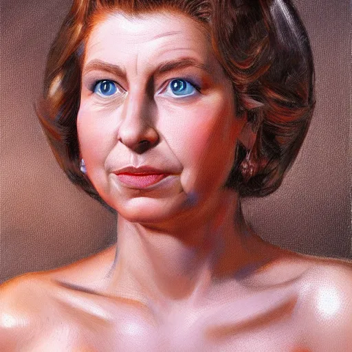 Image similar to ultra - realistic head and shoulders portrait painting of the queen. art by ken kelly. 4 k. ultra - realistic. highly detailed. epic lighting