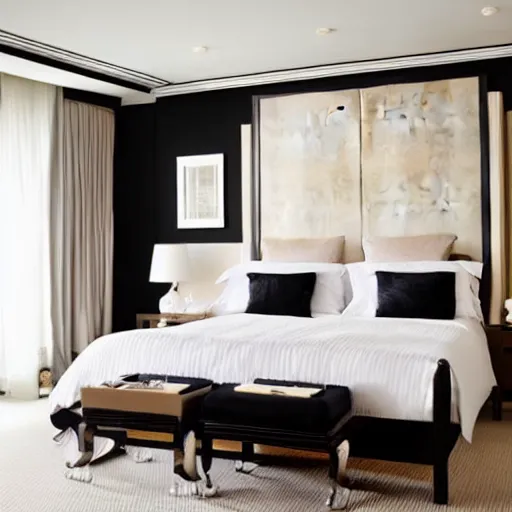 Prompt: stylish luxury hotel bedroom design, feminine, black walls, Japanese influences