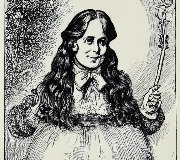 Prompt: Tenniel illustration portrait of Alice looking happy, Lewis Carrol