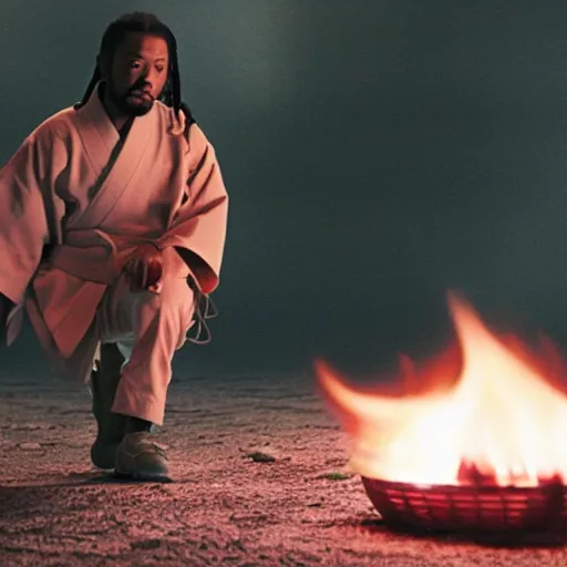 Image similar to cinematic film still of Kendrick Lamar starring as a Japanese Sensei with fire, Japanese CGI, VFX, 2003, 40mm lens, shallow depth of field, film photography