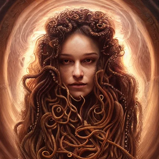 Image similar to Mythical petrifying Medusa with real swirling snakes for hair portrait, atmospheric lighting, painted, intricate, volumetric lighting, beautiful, rich deep colors masterpiece, golden hour, sharp focus, ultra detailed, by Leesha Hannigan, Ross Tran, Thierry Doizon, Kai Carpenter,Ignacio Fernández Ríos