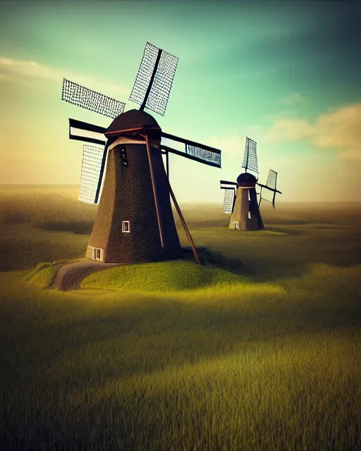 Prompt: hyper realistic, a large vintage painted artists backdrop of holland in the middle ages, with windmills, soft light, photo realistic, hyper detailed, 3 d sci fi render by beeple