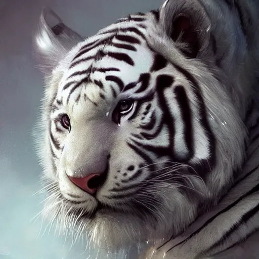 Prompt: artwork of a white tiger king with gold crown and blue king suit, concept art, super detailed, 4 k hd, trending on artstation, digital painted, low contrast, made by greg rutkowski and viktoria gavrilenko, intricate art