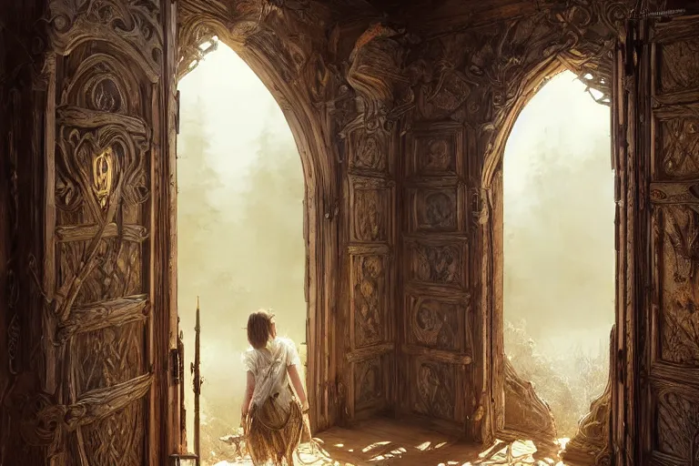 Image similar to large rustic intricately decorated wooden double door, metal handles, a view to a fantasy world, ethereal back light, mist, coherent composition, fantasy painting by artgerm, greg rutkowski, noriyoshi ohrai, yuumei