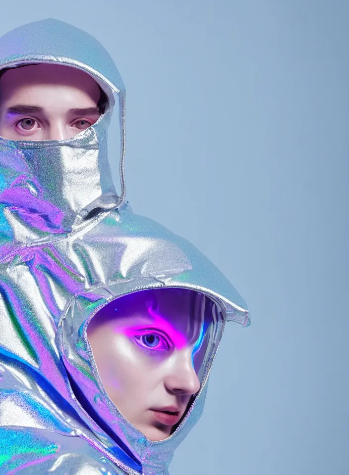 Image similar to an ultra high definition professional studio quality portrait photograph of a silver skinned android influencer wearing a transparent iridescent pastel coloured visor and matching wavey raincoat on white hook in a sheer icelandic black rock environment. three point light. dramatic lighting. volumetric shadows. light rays