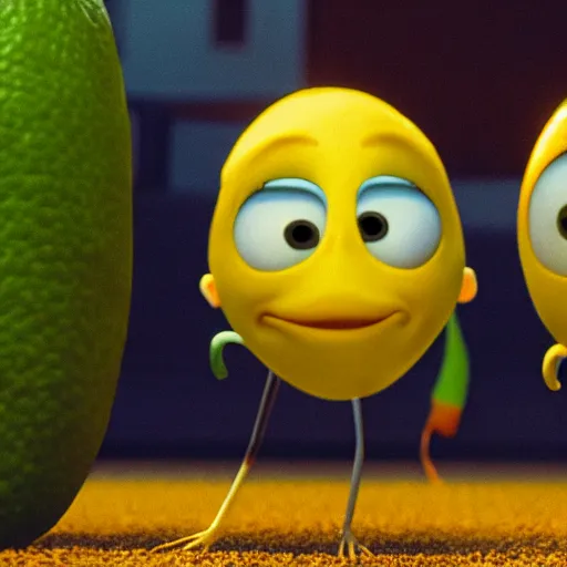 Image similar to a cinematic fill still from a 2022 Pixar movie about anthropomorphic lemons and limes, in the style of Pixar, shallow depth of focus