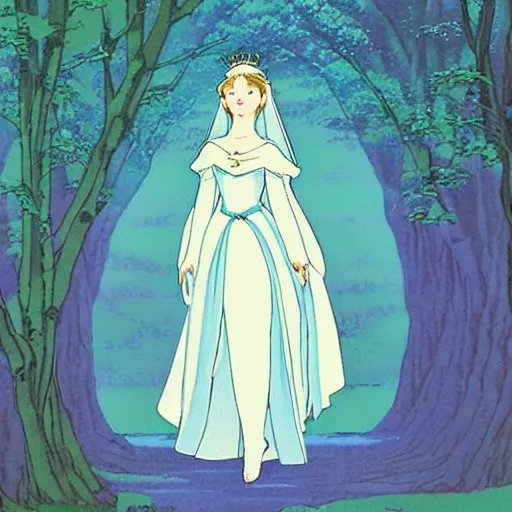 Image similar to a photograph, beauty & mystery of princess aurora. enigmatic smile and gaze invite us into her world, and we cannot help but be drawn in. soft features & delicate way she is dressed make her almost ethereal. landscape distance and mystery. what secrets princess aurora holds. sticker illustration by hayao miyazaki, by robert vonnoh swirling