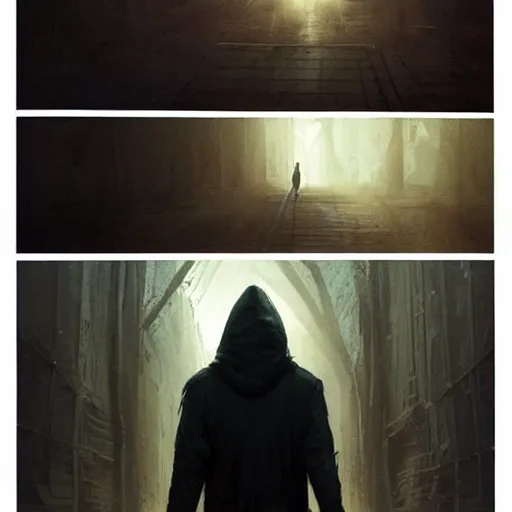 Image similar to a man in a black hoodie coming back home from a portal through the multiverse, vintage comic, greg rutkowski