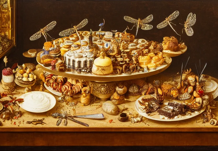 Prompt: an opulent banquet of huge desserts covered with colorful dragonflies, there are dragonflies flying everywhere, gold serving trays, reclaimed lumber, detailed and intricate environment, hyperrealism, food photography, rembrandt