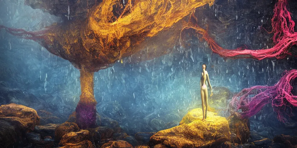 Image similar to Photorealistic symmetrical picture of a levitating goddess, a floating glossy wet fungus god with arms outstretched made from colorful wet fungus tendrils. a gentle rising mist, an epic rocky landscape. occult photorealism, UHD, amazing depth, glowing, golden ratio, 3D octane cycle unreal engine 5, volumetric lighting, cinematic lighting, cgstation artstation concept art