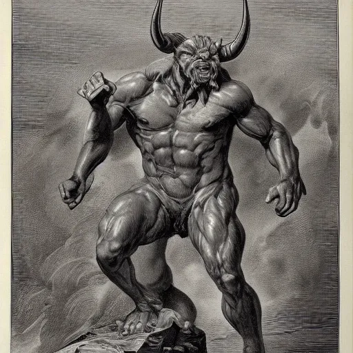 Image similar to full body, grayscale, Gustave Dore, James Daly, muscled humanoid balrog demon, horns, heroic pose, swirling flames